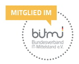 BITMI membership badge with dotted circle border and yellow banner reading Mitglied im (Member of) showing the Bundesverband IT-Mittelstand e.V. logo