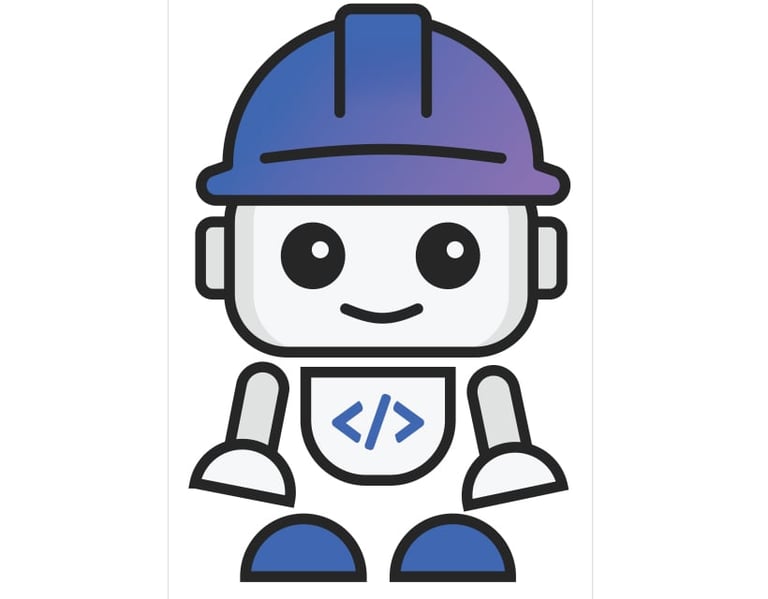Simple illustration of a friendly robot wearing a blue hard hat with code symbols on its chest